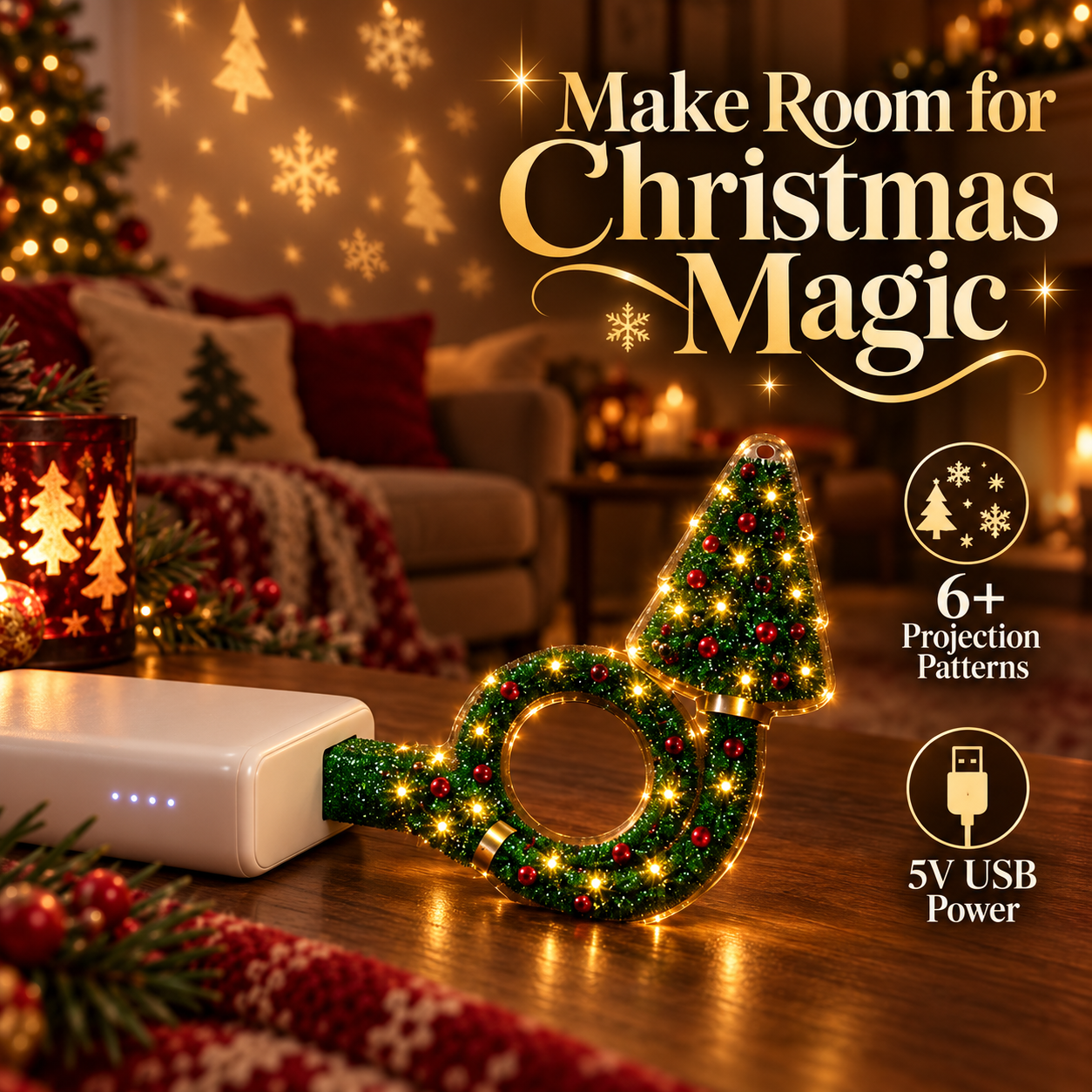 One set containing one Christmas tree USB projector in a gift box