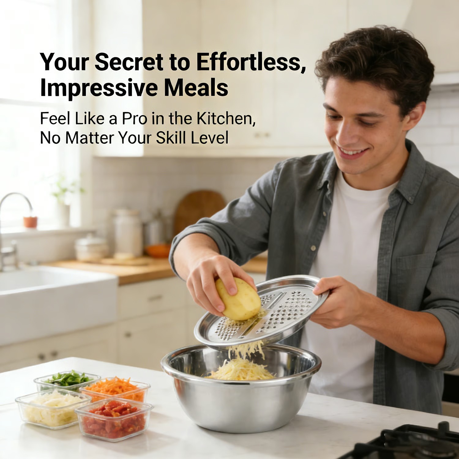 3-in-1 Stainless Steel Grater Bowl