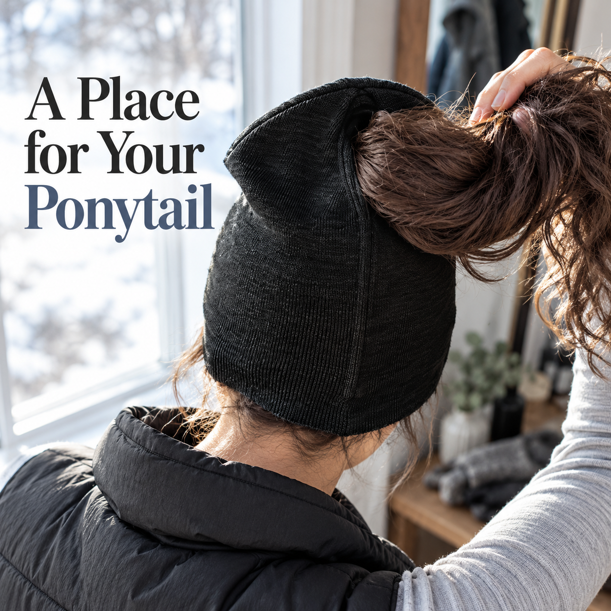 One black ponytail beanie