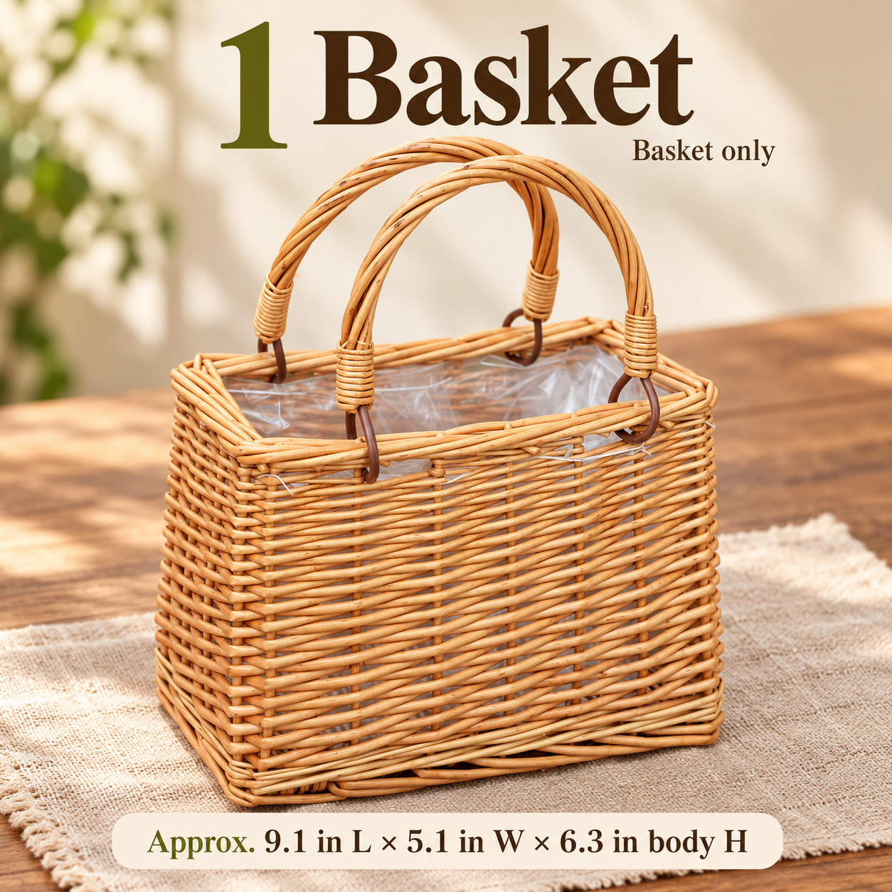 One empty lined woven basket with approximate body dimensions in inches