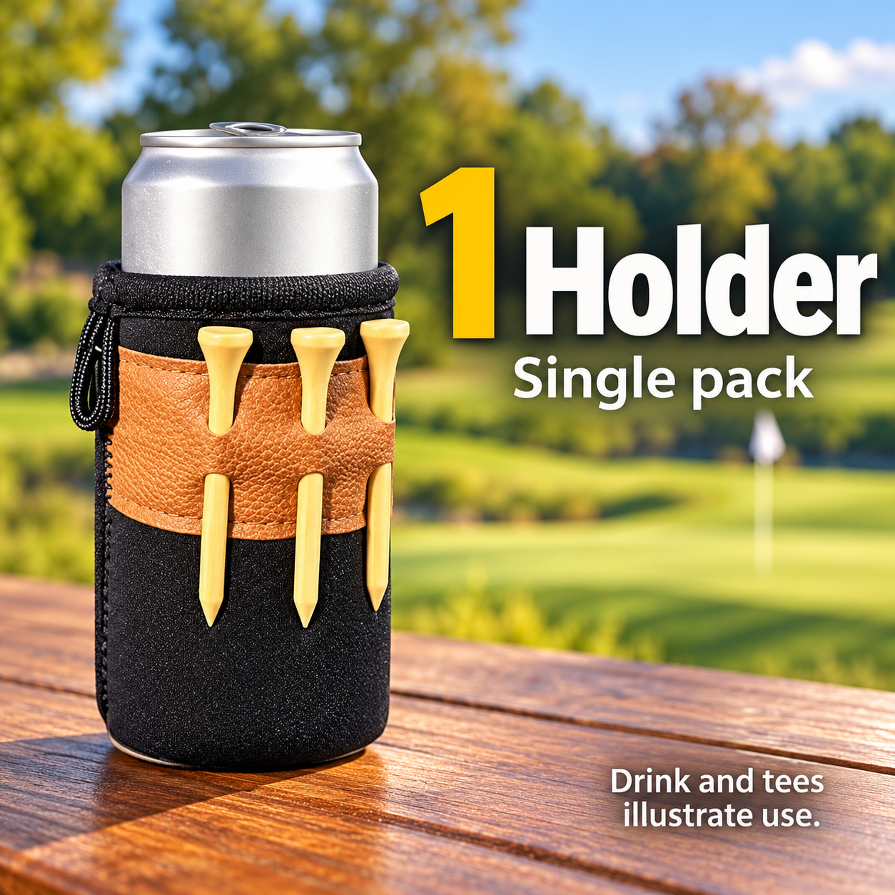 Single pack showing one black and tan holder; drink and tees illustrate use