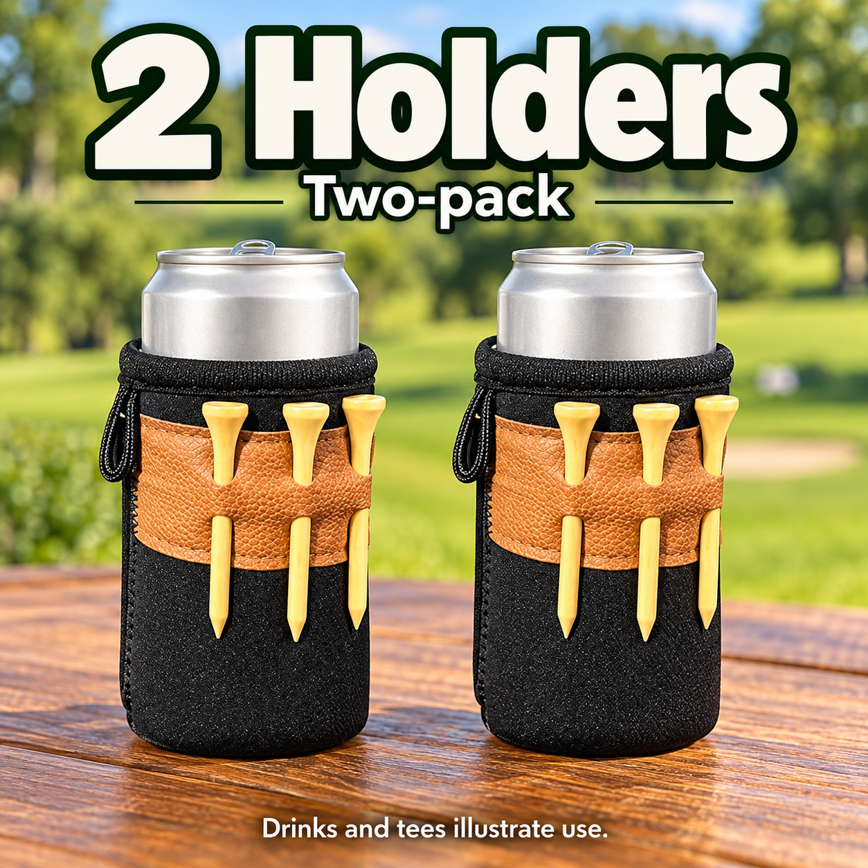 Two-pack showing two black and tan holders; drinks and tees illustrate use