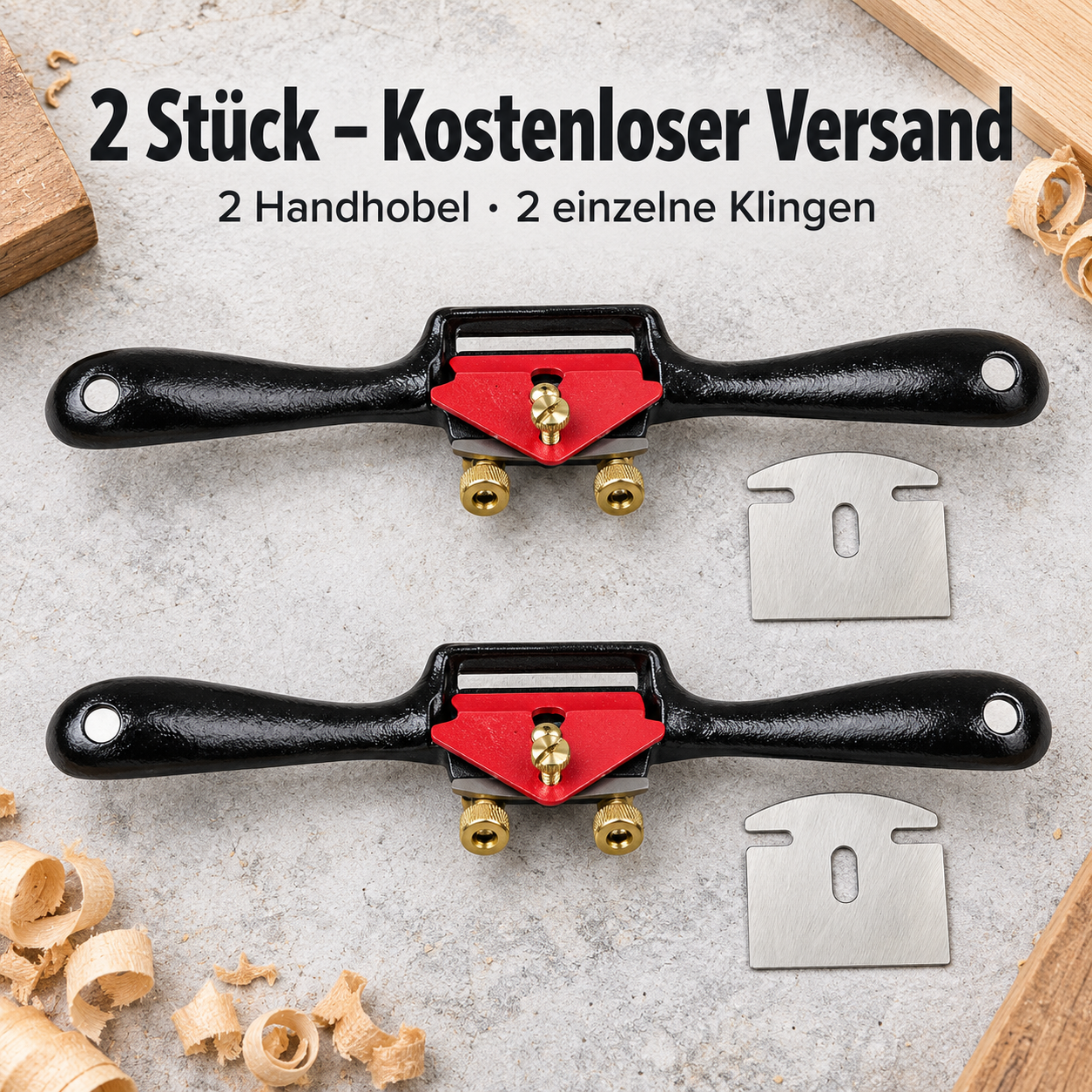 Zwei Handhobel mit jeweils einer einzelnen silberfarbenen Klinge