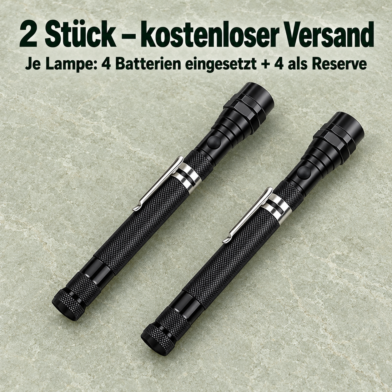 Zwei schwarze Teleskop-Magnetlampen; je Lampe vier Batterien eingesetzt und vier als Reserve.