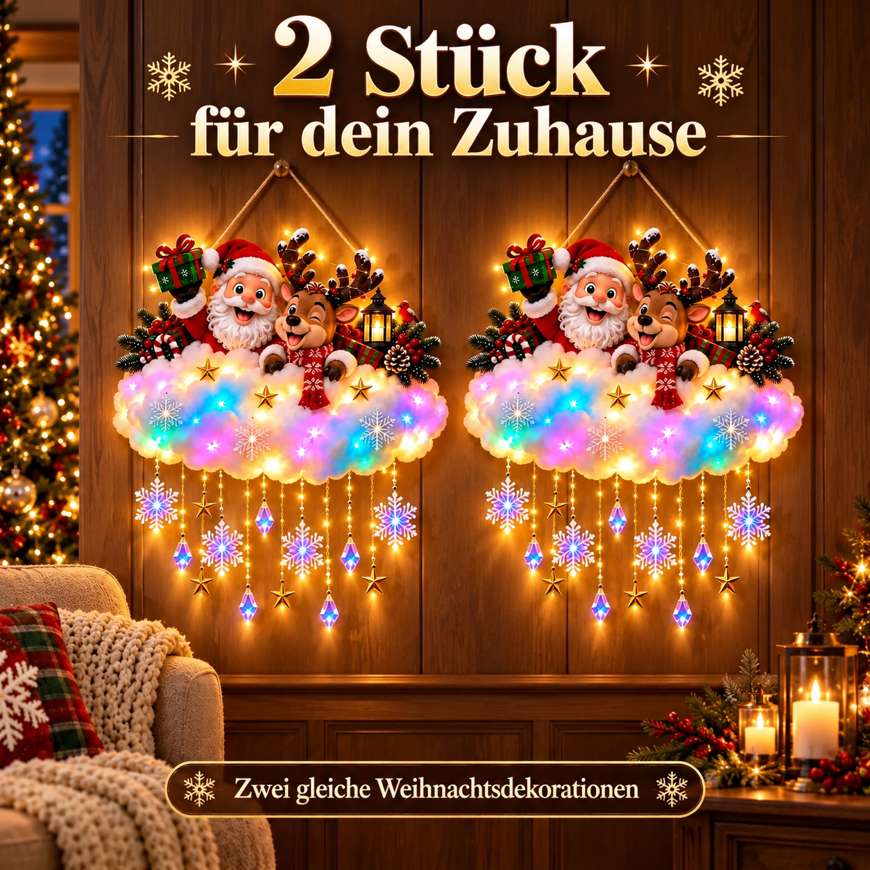 Zwei gleiche Weihnachts-Wolkendekorationen mit Weihnachtsmann und Rentier