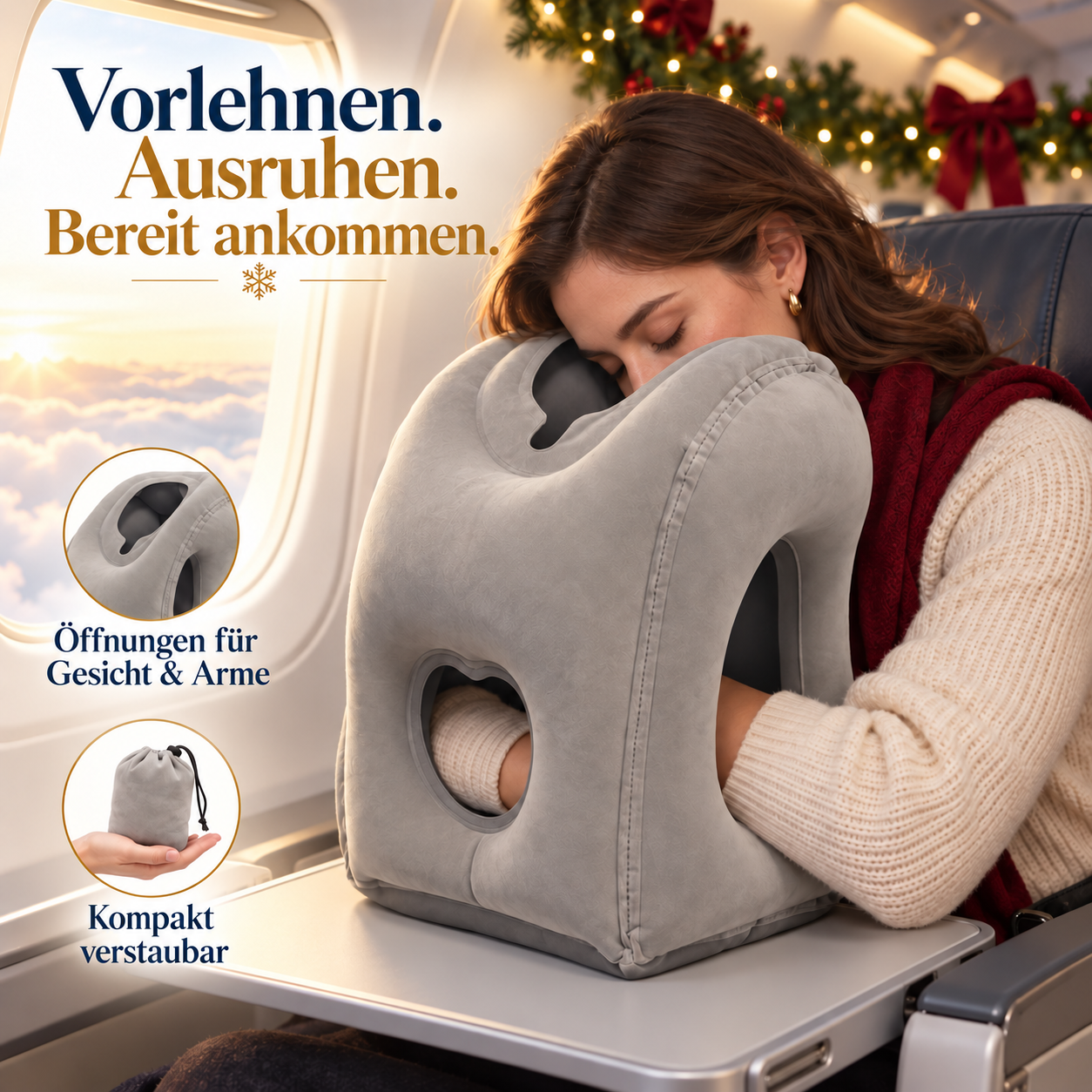 Graues aufblasbares Reisekissen zum Vorwärtslehnen auf einem Flugzeugklapptisch während einer Reise