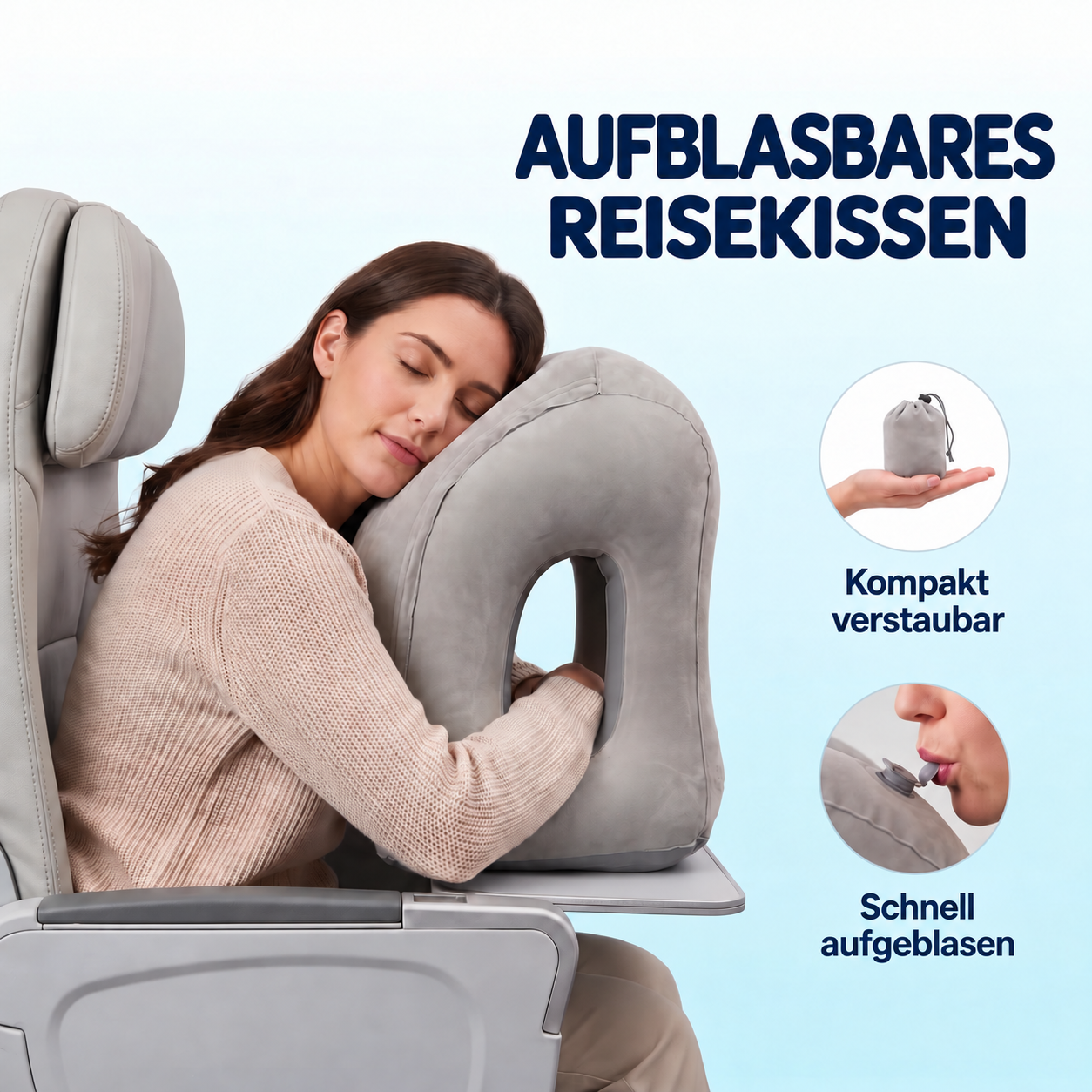 Aufblasbares Reisekissen mit kompakter Tragetasche und Details zum Luftventil