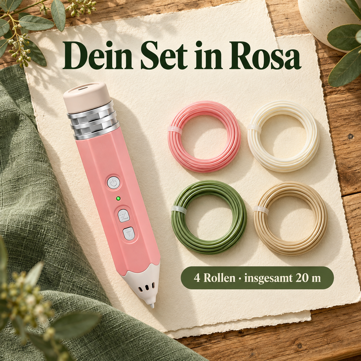 Ein 3D-Stift in Rosa mit vier Materialrollen