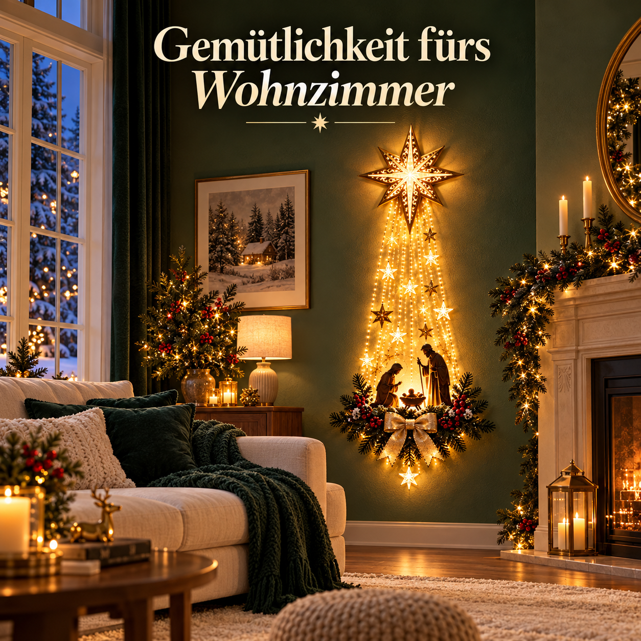 Leuchtende Krippen-Wanddeko im weihnachtlich geschmückten Wohnzimmer