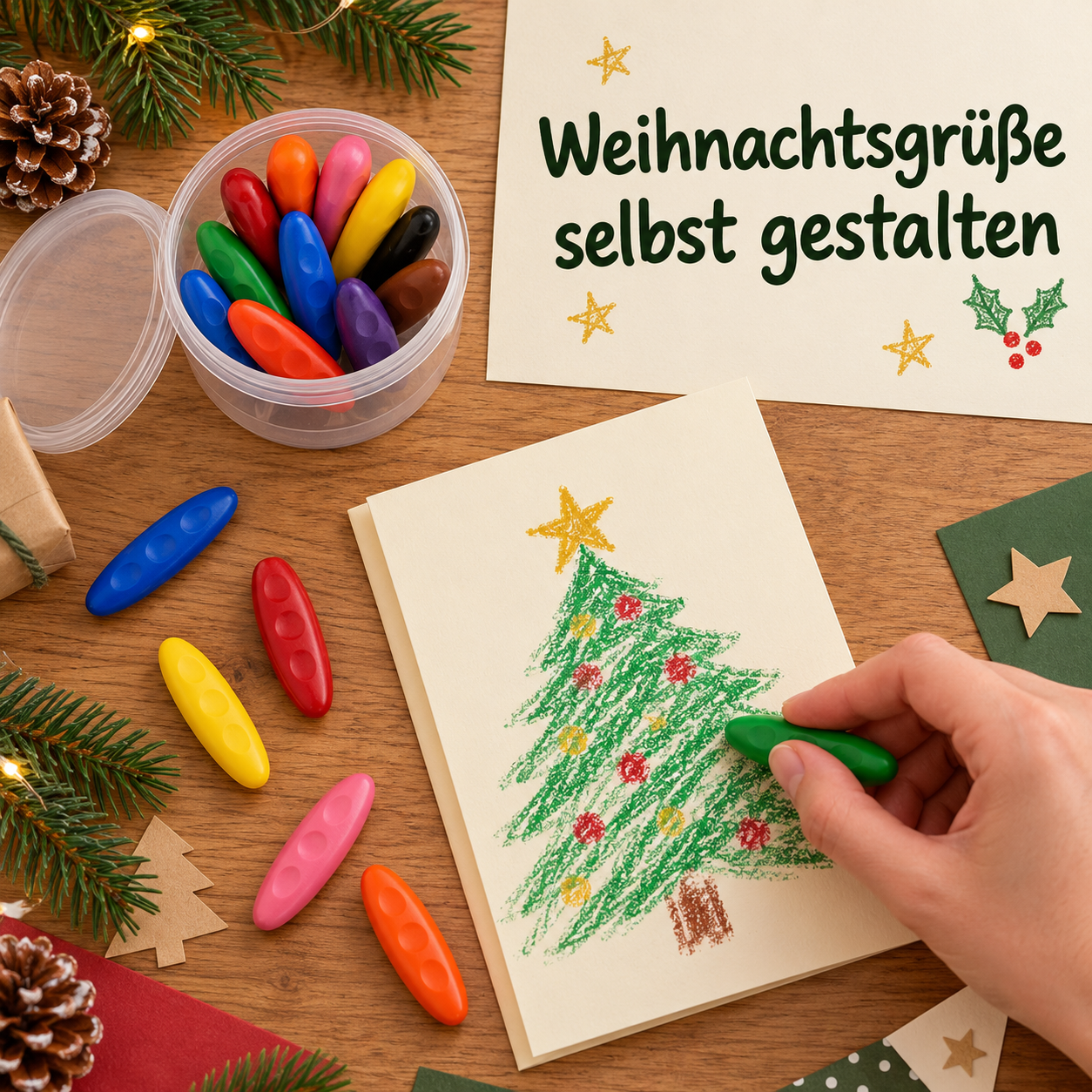 Eine Weihnachtskarte wird mit einem grünen Wachsmalstift gestaltet