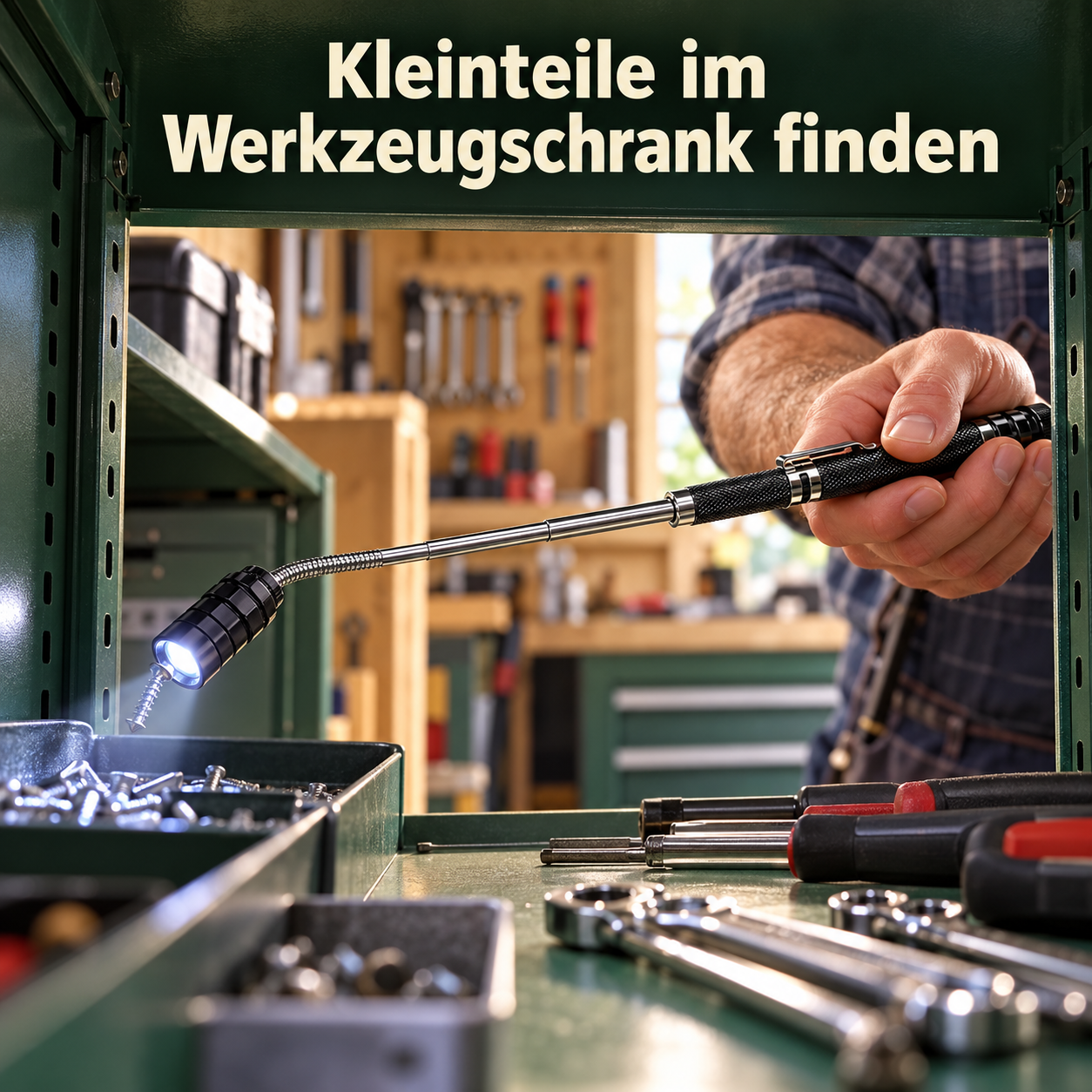 Kleinteile im Werkzeugschrank finden – schwarze Teleskop-Magnetlampe mit silbernem Schaft