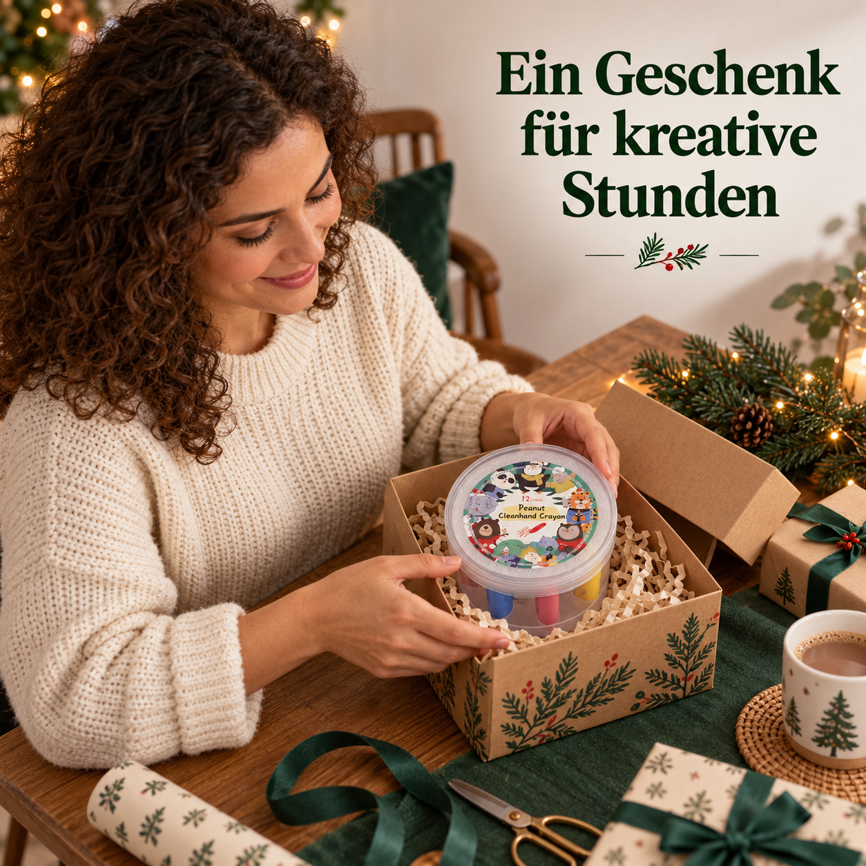 Ein Wachsmalstift-Set wird als Geschenk verpackt