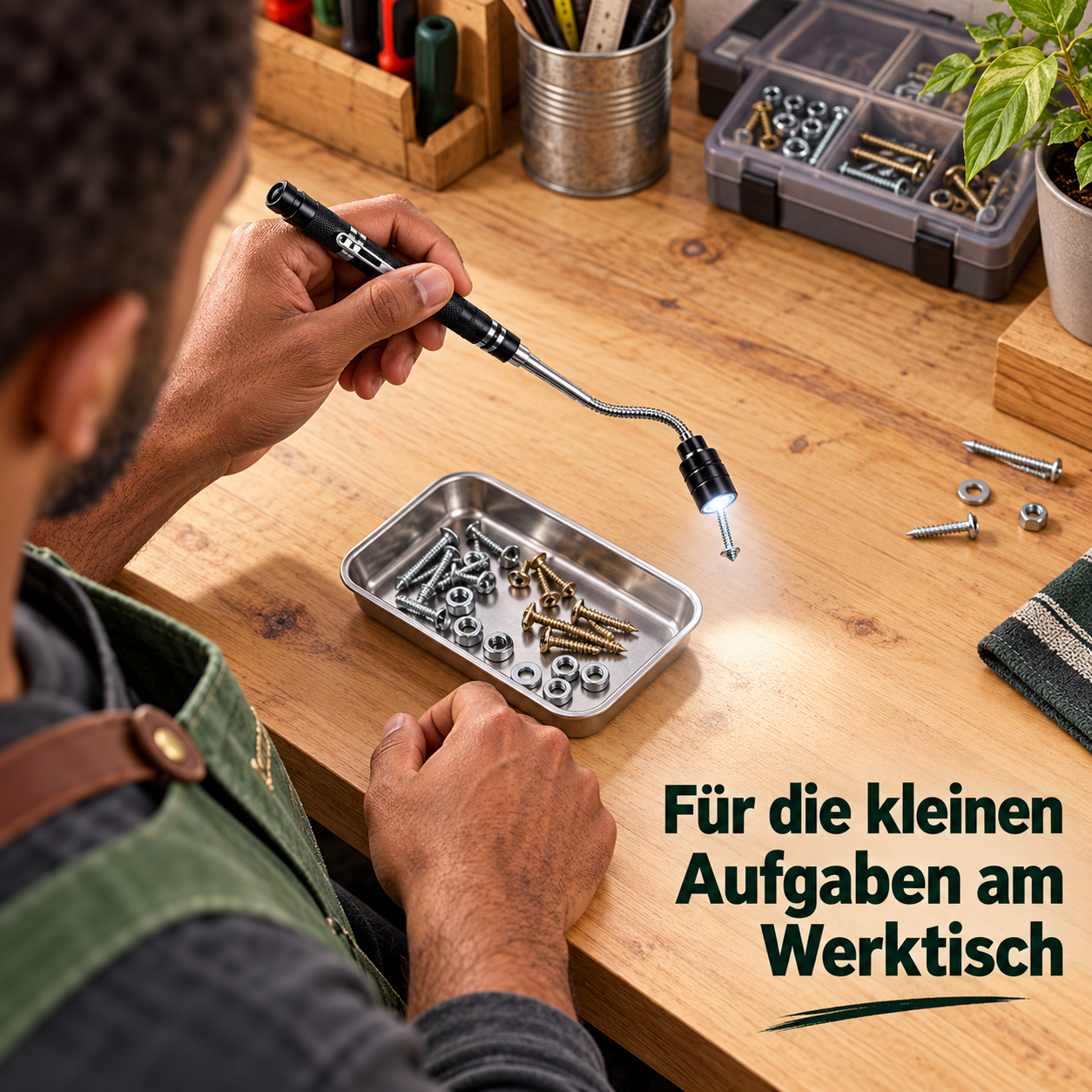 Für die kleinen Aufgaben am Werktisch – schwarze Teleskop-Magnetlampe mit silbernem Schaft
