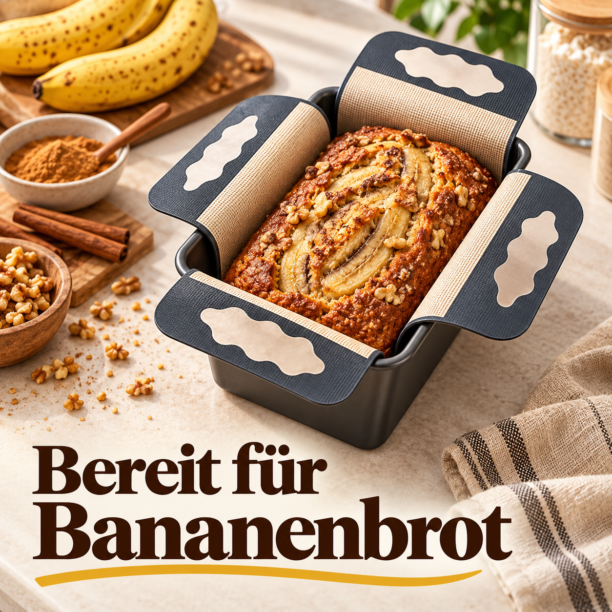Banana bread on the baking mat in a loaf pan