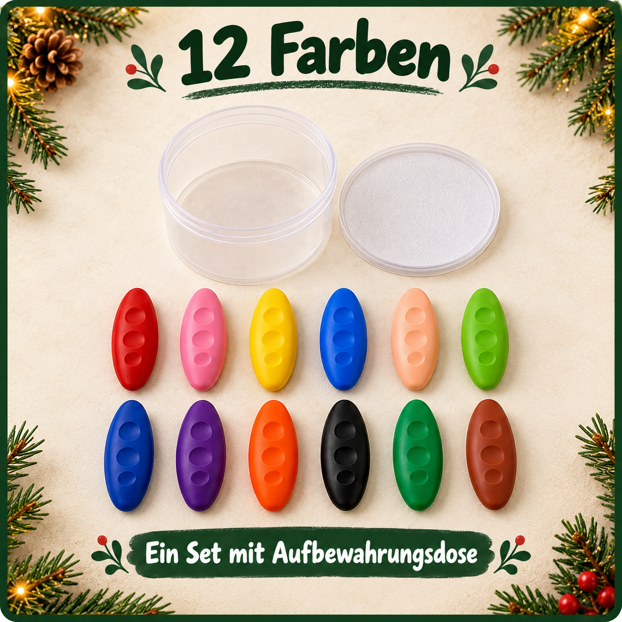 Ein Set mit zwölf Wachsmalstiften und einer Aufbewahrungsdose