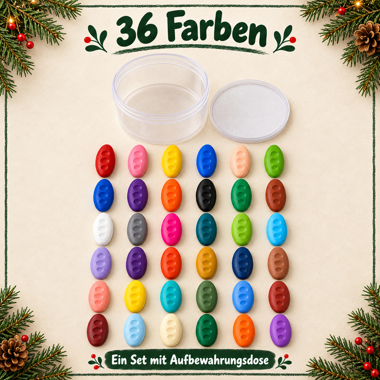 Ein Set mit sechsunddreißig Wachsmalstiften und einer Aufbewahrungsdose