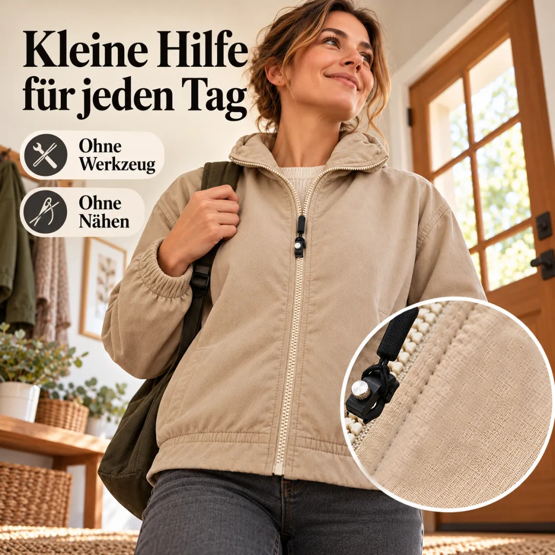 Reißverschluss-Reparaturset mit schwarzem Griff an einer beigen Jacke