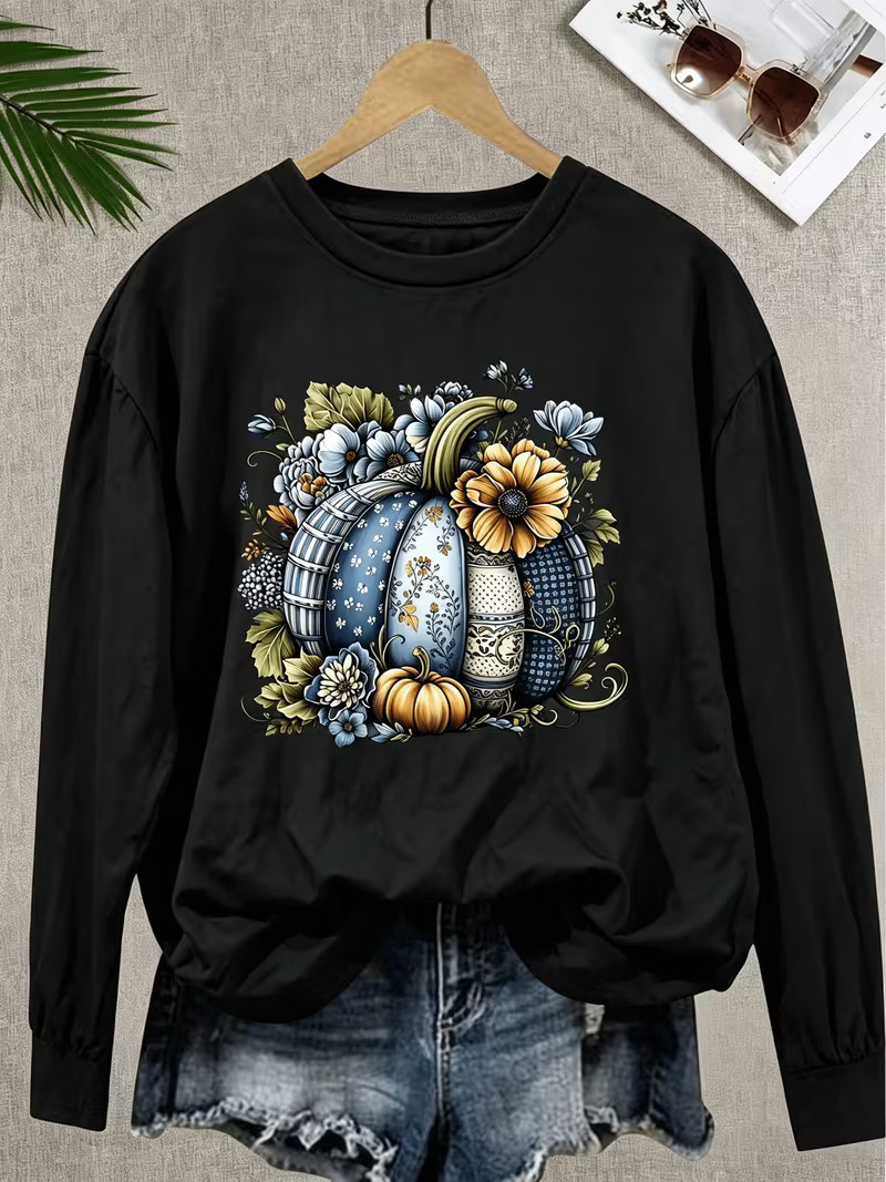 Vintage Blue Floral Pumpkin Crewneck Sweatshirt