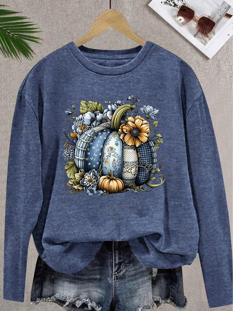 Vintage Blue Floral Pumpkin Crewneck Sweatshirt