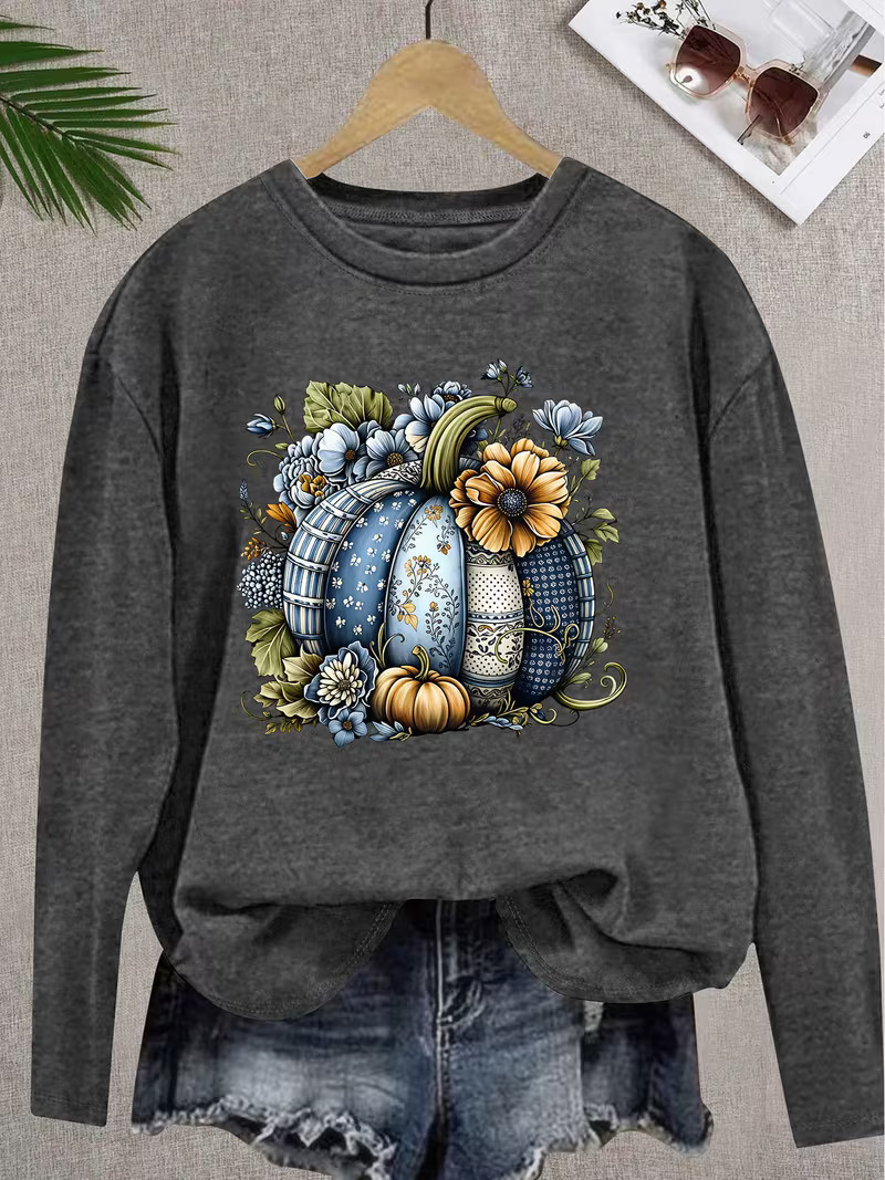 Vintage Blue Floral Pumpkin Crewneck Sweatshirt