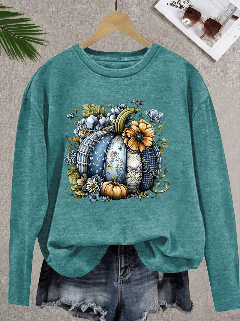 Vintage Blue Floral Pumpkin Crewneck Sweatshirt
