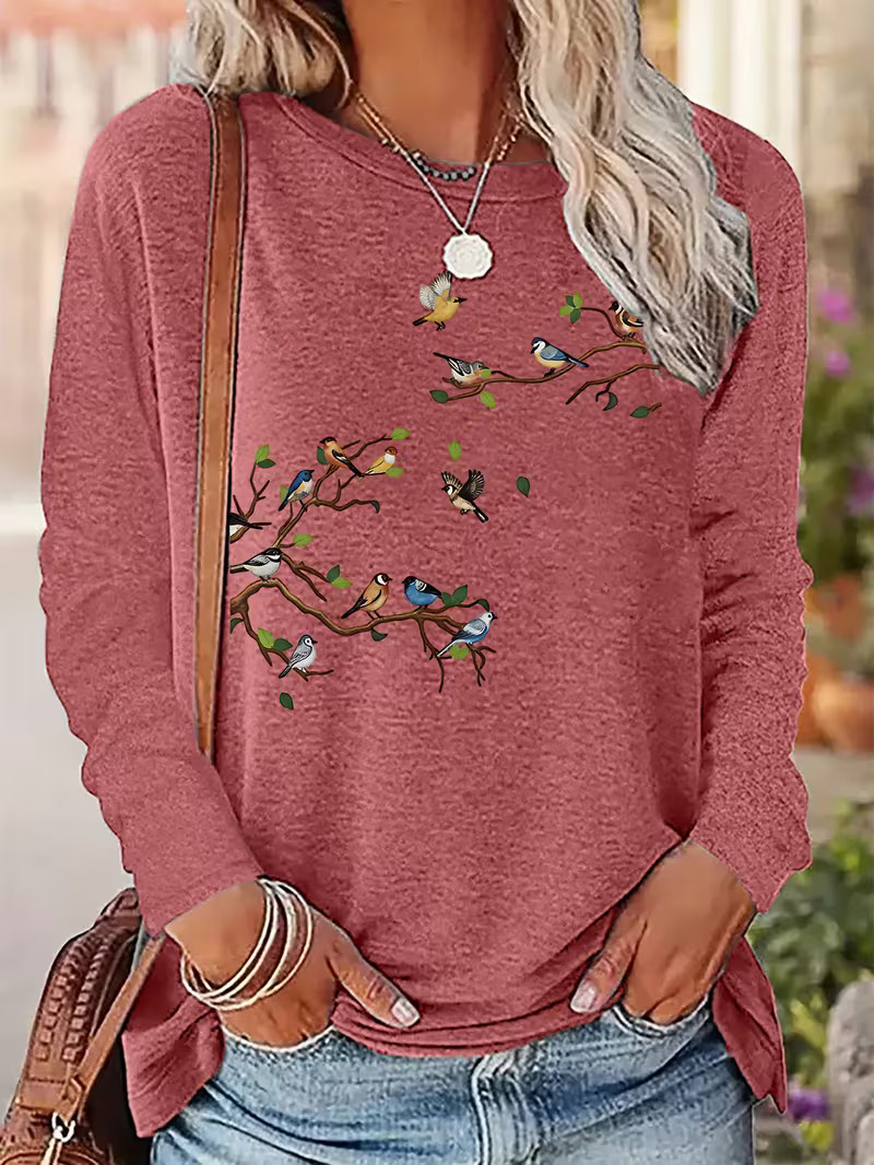 Colorful Birds On Branch Long Sleeve Shirt