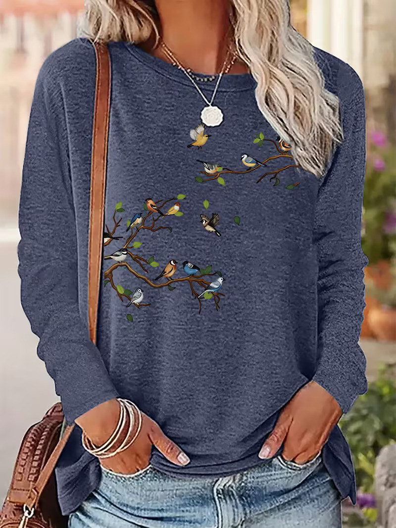 Colorful Birds On Branch Long Sleeve Shirt