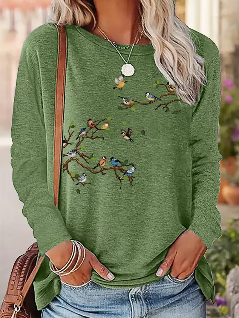 Colorful Birds On Branch Long Sleeve Shirt