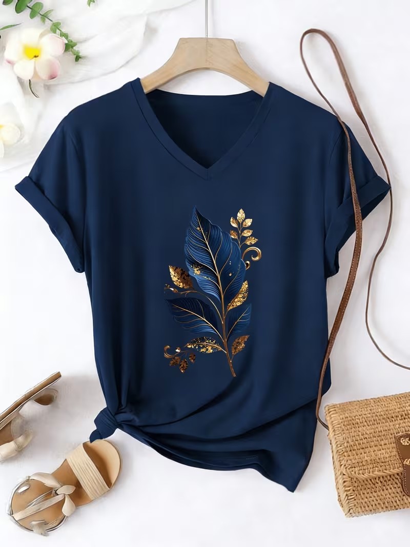 Botanical Leaf V‑Neck T‑Shirt