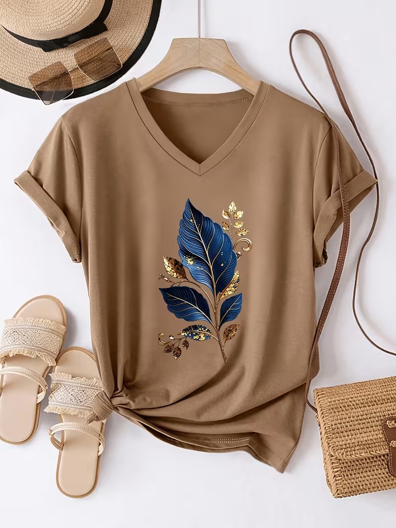 Botanical Leaf V‑Neck T‑Shirt
