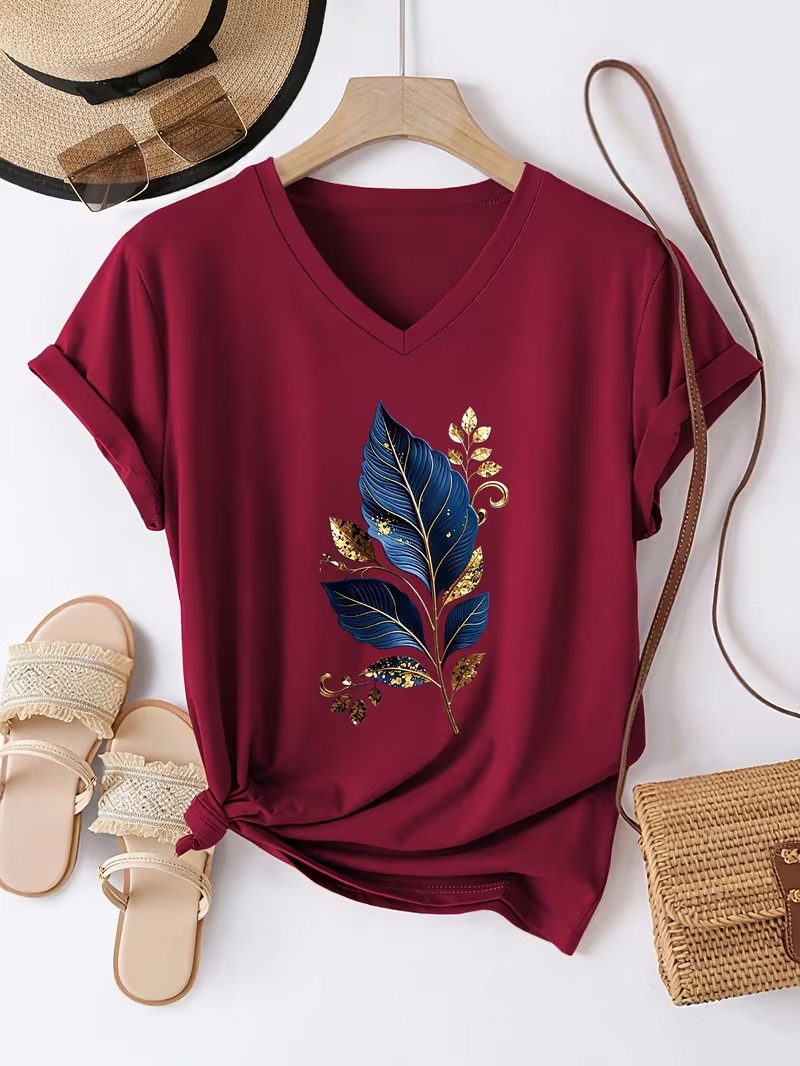 Botanical Leaf V‑Neck T‑Shirt