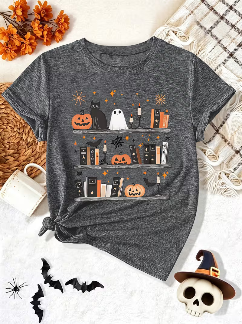 Spooky Halloween Bookshelf T Shirt