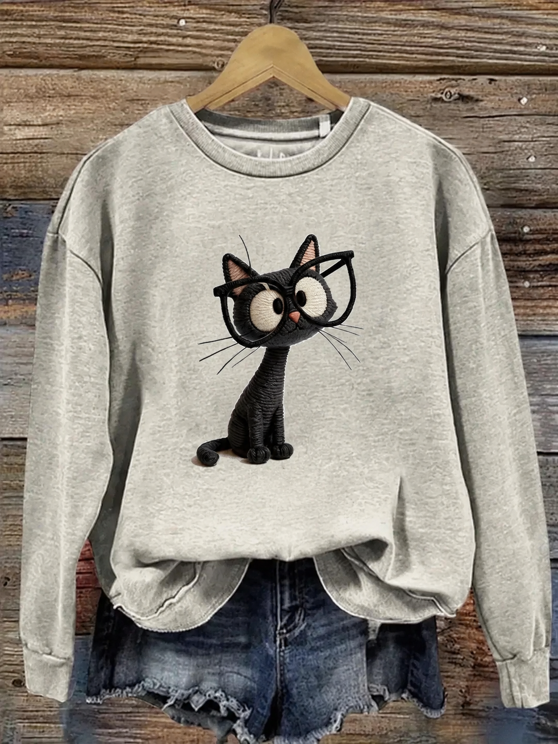 Cute Crochet‑Look Black Cat Crewneck Sweatshirt