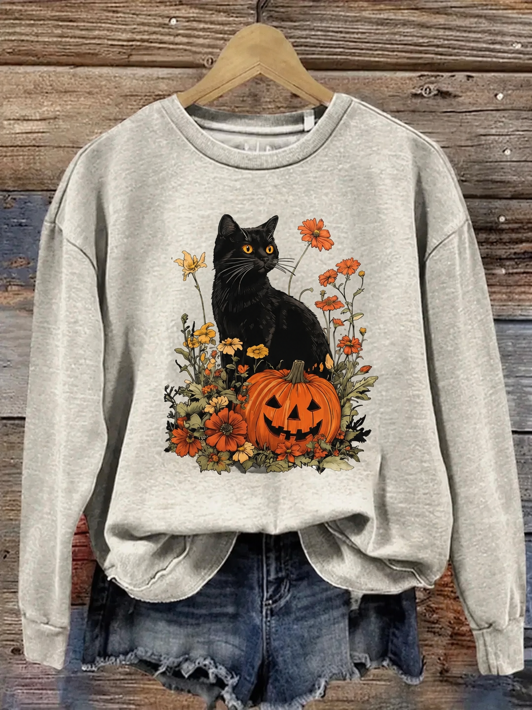 Spooky Season Black Cat & Pumpkin Crewneck Sweatshirt