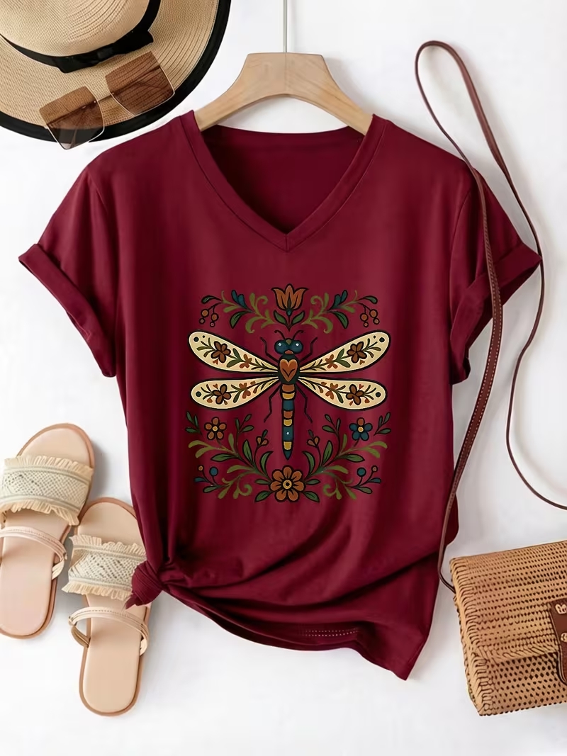 Floral Dragonfly V‑Neck T‑Shirt