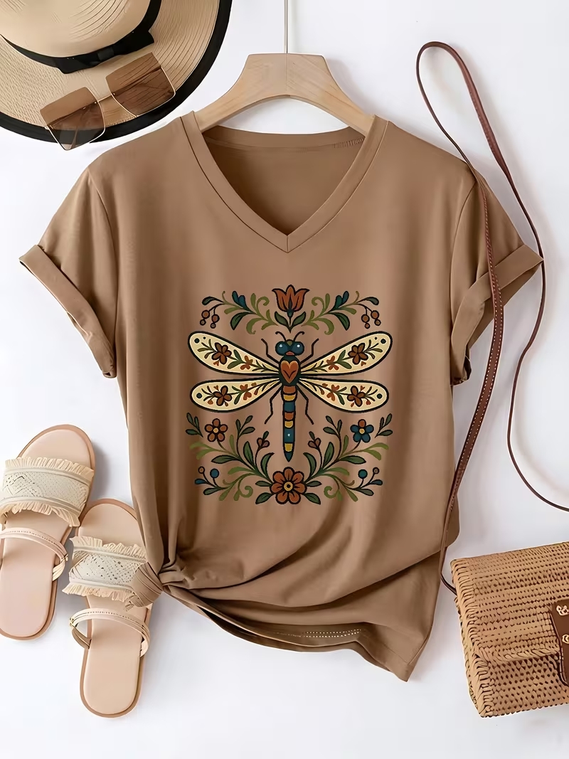 Floral Dragonfly V‑Neck T‑Shirt