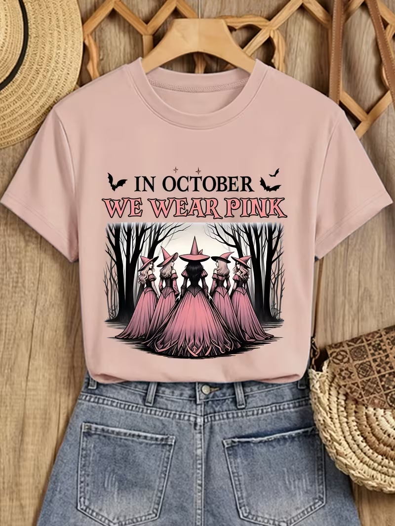 In October We Wear Pink Halloween Witch T‑Shirt