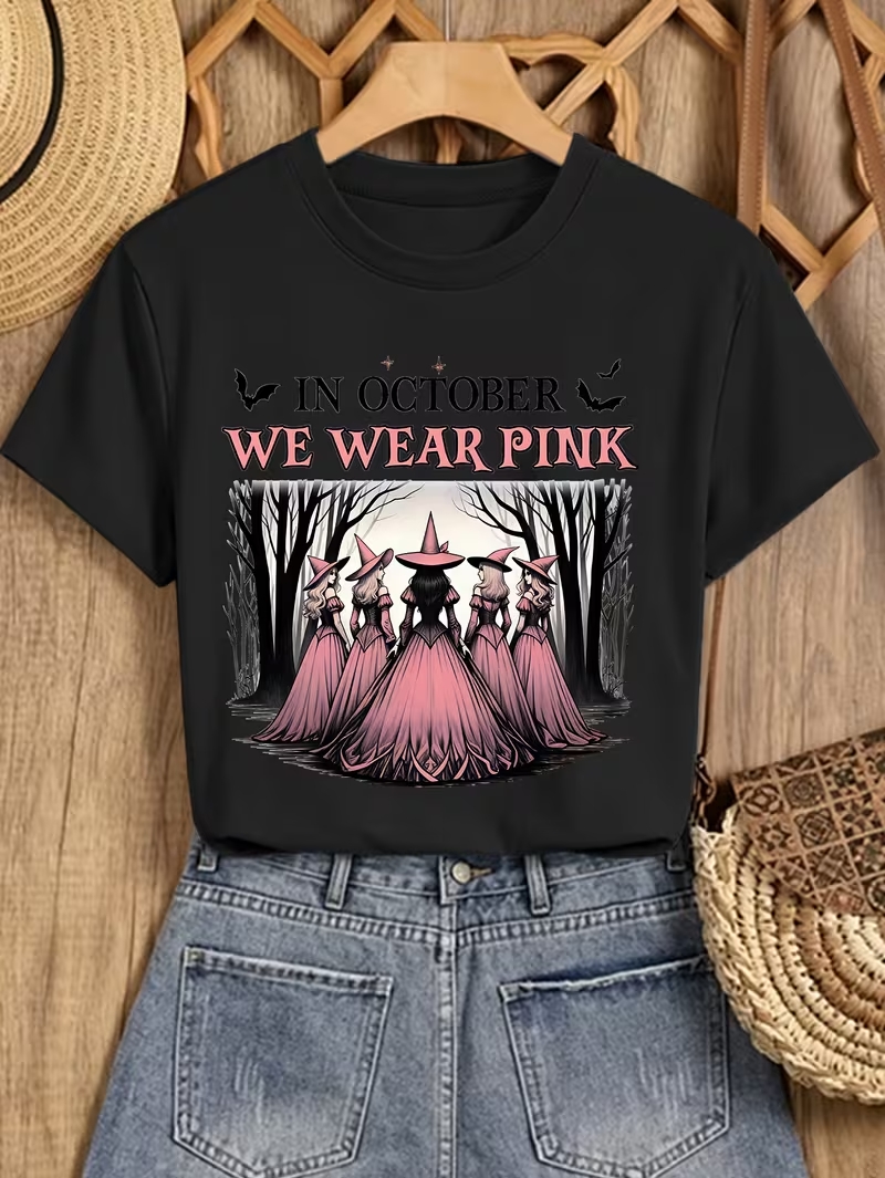 In October We Wear Pink Halloween Witch T‑Shirt