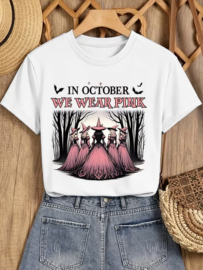 In October We Wear Pink Halloween Witch T‑Shirt
