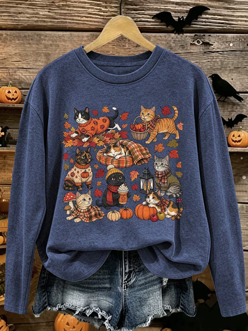 Cozy Fall Cats Pumpkin Crewneck Sweatshirt