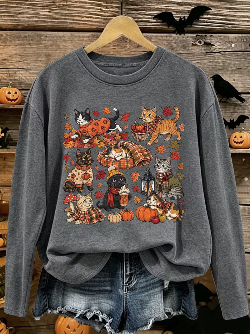 Cozy Fall Cats Pumpkin Crewneck Sweatshirt