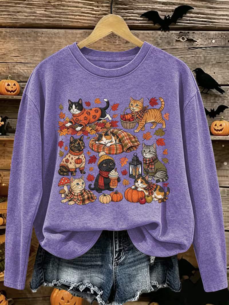 Cozy Fall Cats Pumpkin Crewneck Sweatshirt
