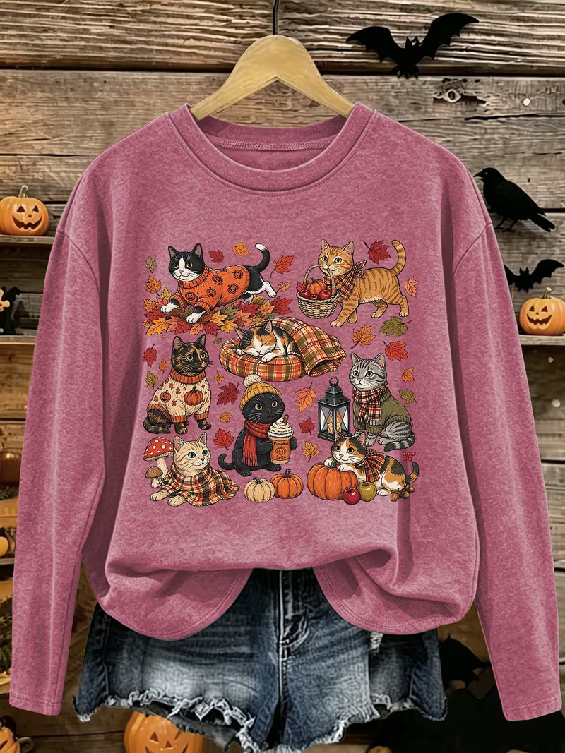Cozy Fall Cats Pumpkin Crewneck Sweatshirt