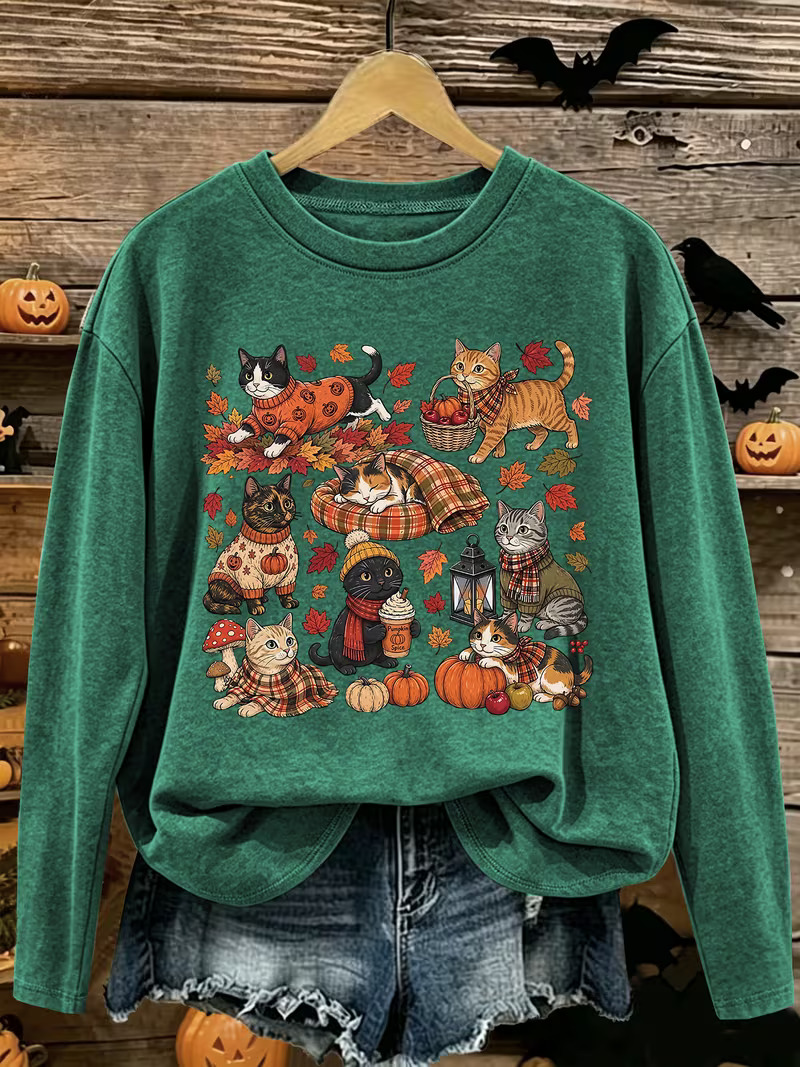 Cozy Fall Cats Pumpkin Crewneck Sweatshirt