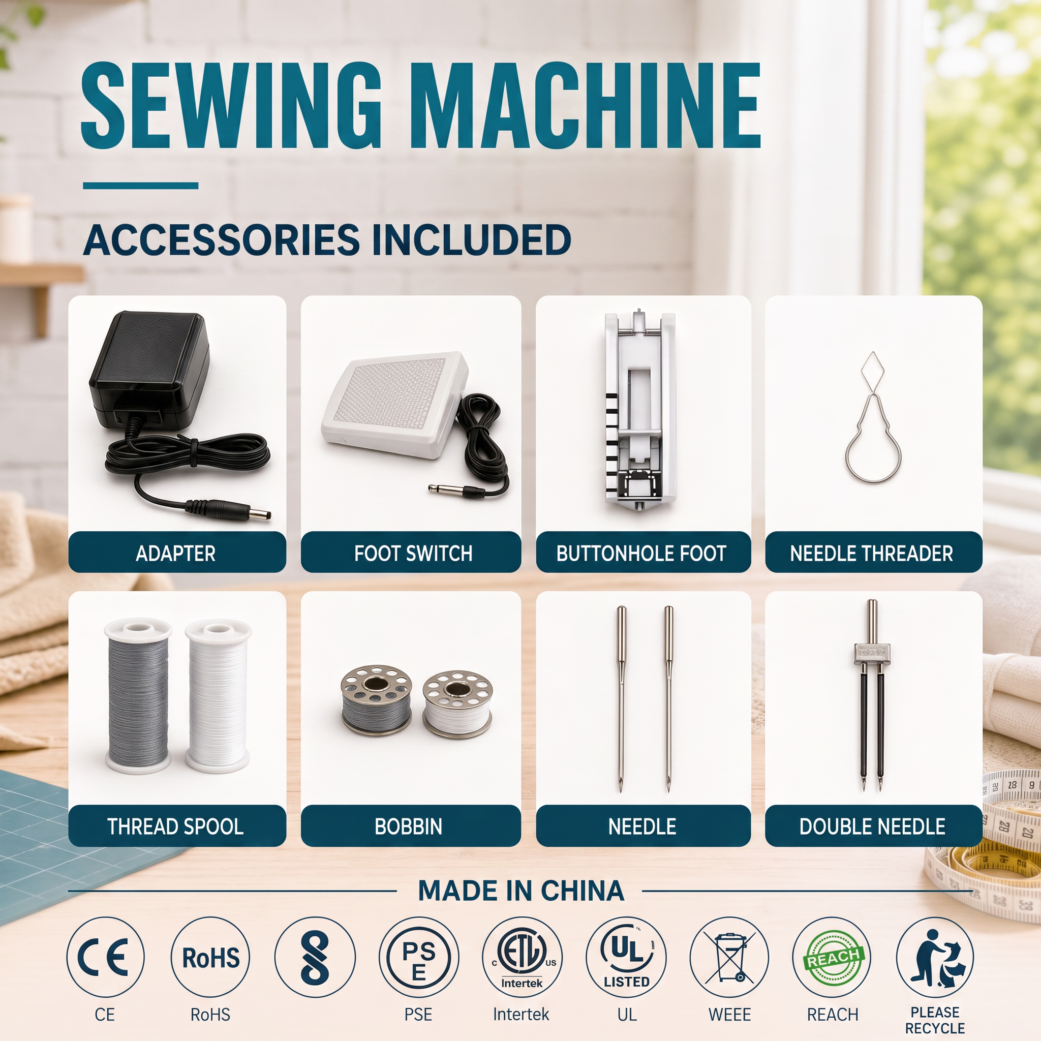 Multifunctional home sewing machine with double threads, twin needles, and 12 stitch options.
