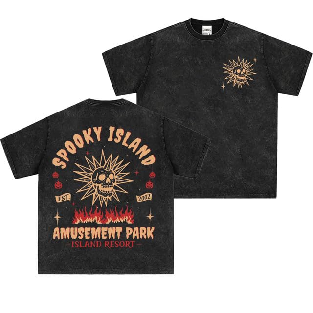 Vintage Washed Spooky Island Amusement Park EST 2002 Double Sided Tee | Retro Scooby Movie Skull Graphic T-Shirt