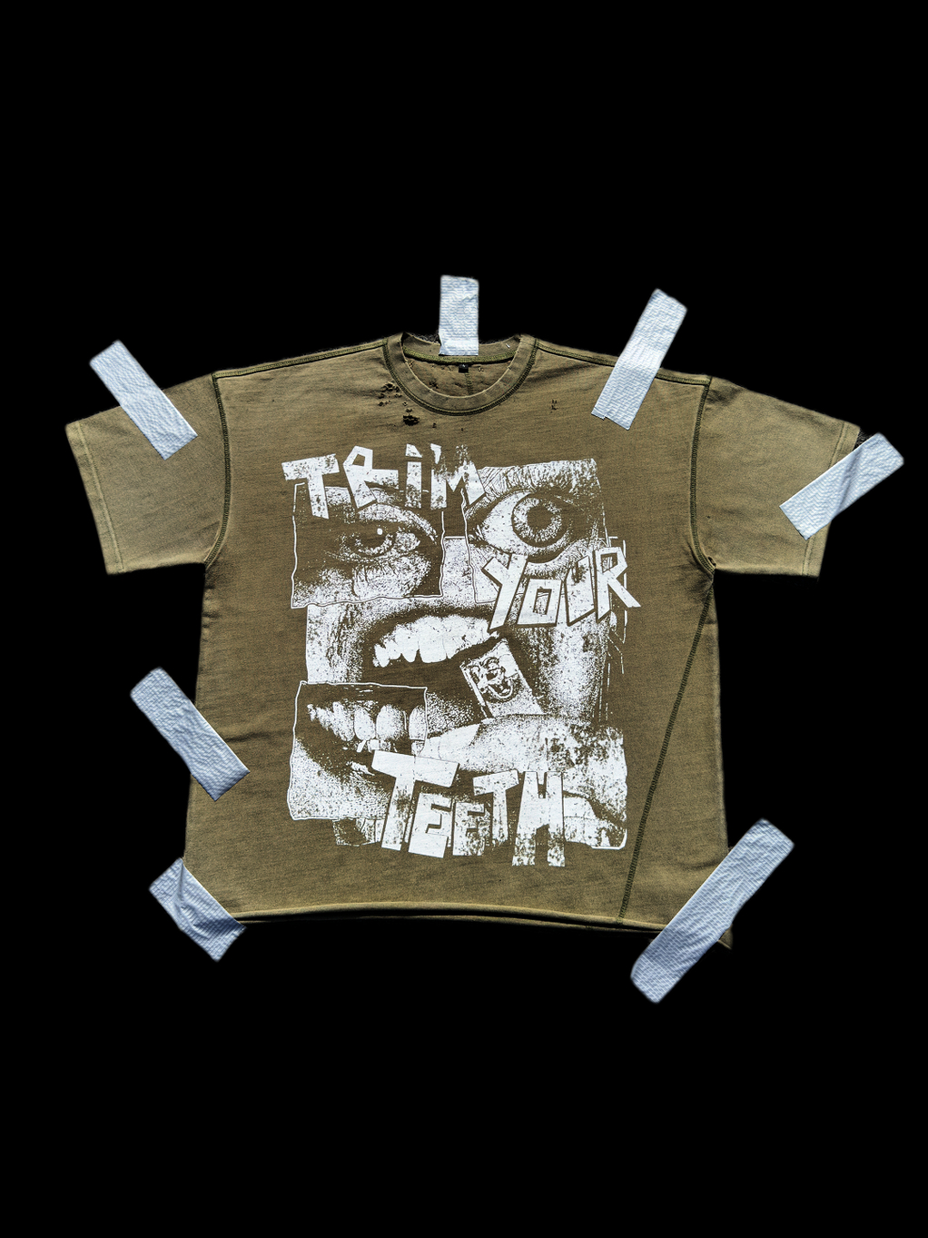 Distressed Washed Olive Grunge "Trim Your Teeth" Graphic Boxy T-Shirt