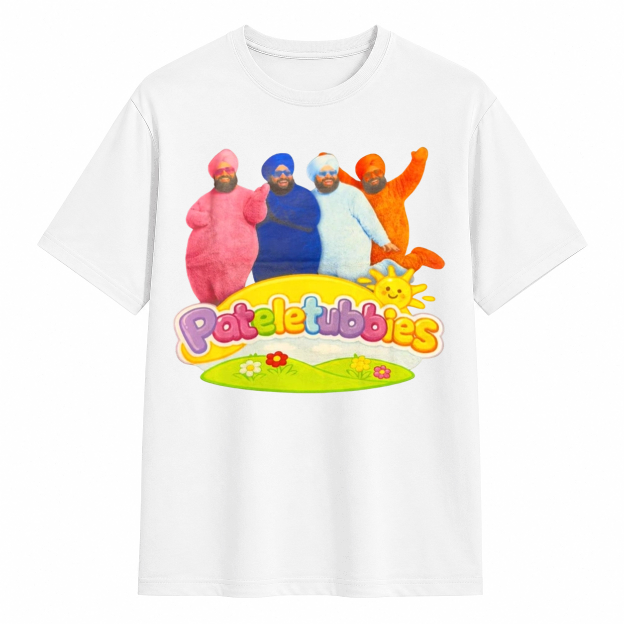 Funny Patele Tubbies Pun Graphic T-Shirt, Viral Sikh Turban Parody Teletubbies Meme Black Tee