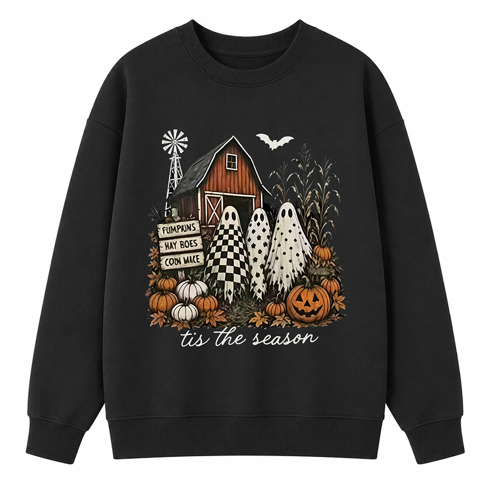 Vintage Farm Ghost Halloween Sweatshirt, Tis The Season Pumpkin Barn 