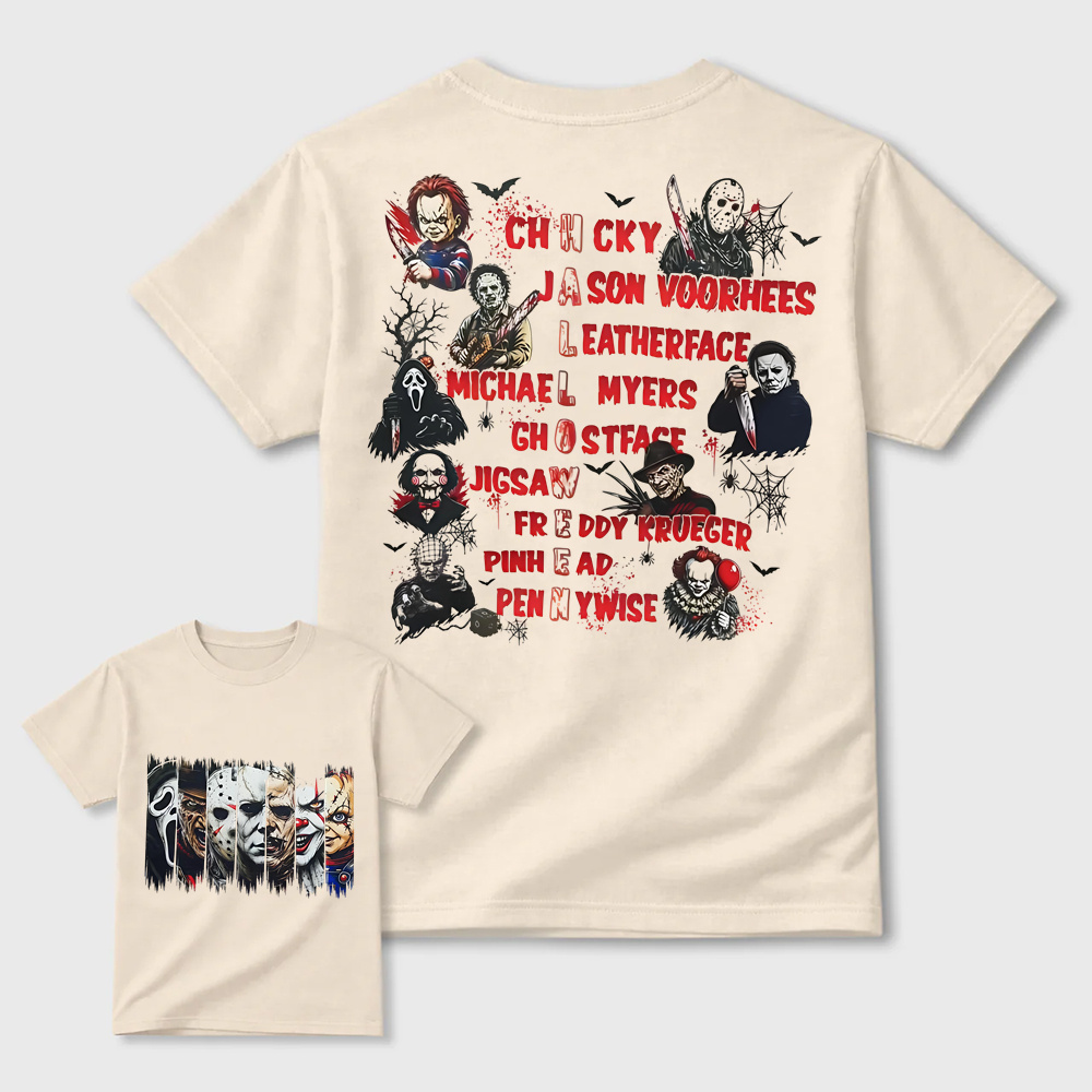Horror Movie Characters Double‑Sided T‑Shirt, Vintage Halloween Slasher Tee, Scary Movie Fan Gift